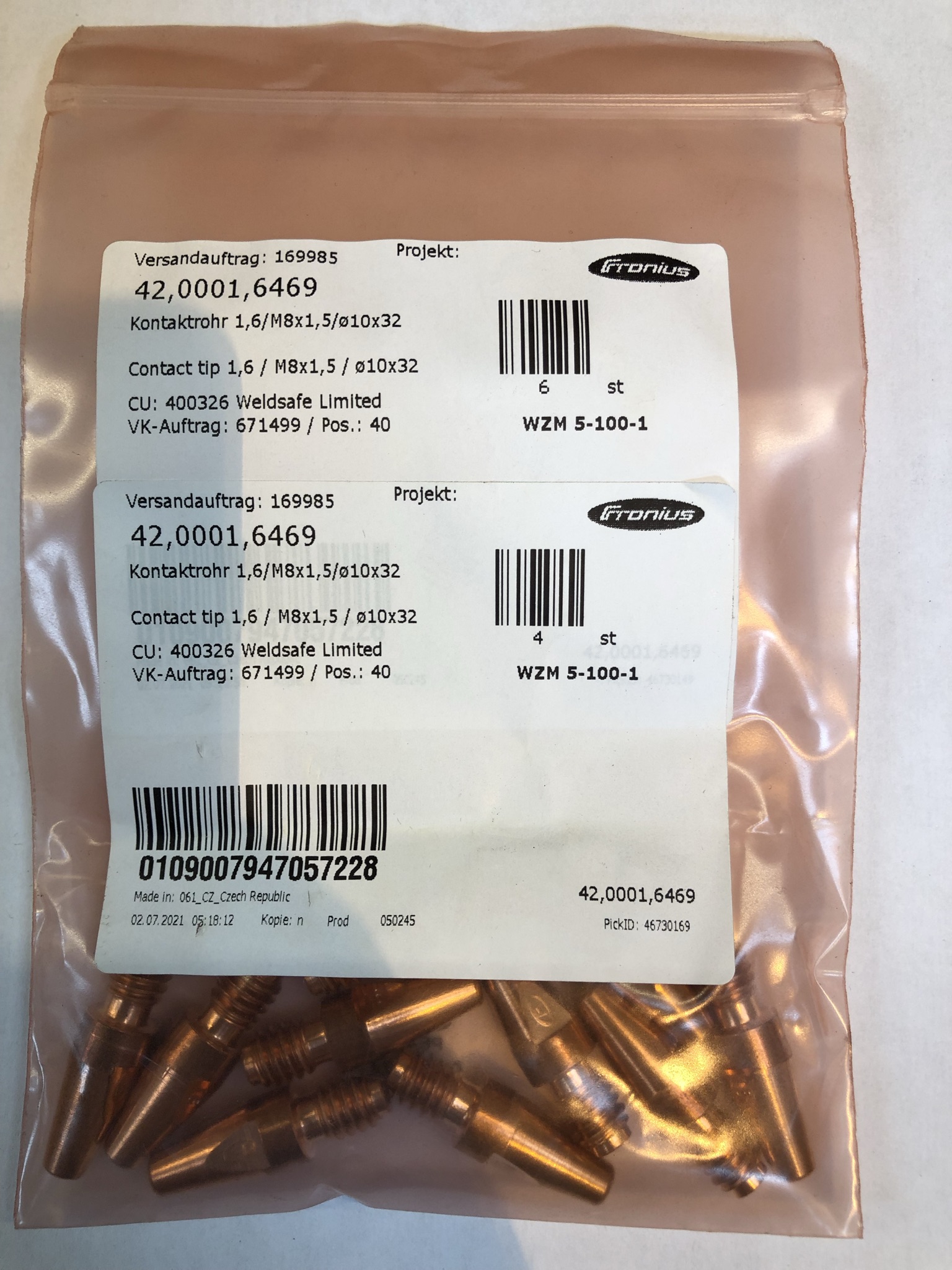 Fronius CONTACT TIP 1.6MM M8X1.5 &Oslash;10X32