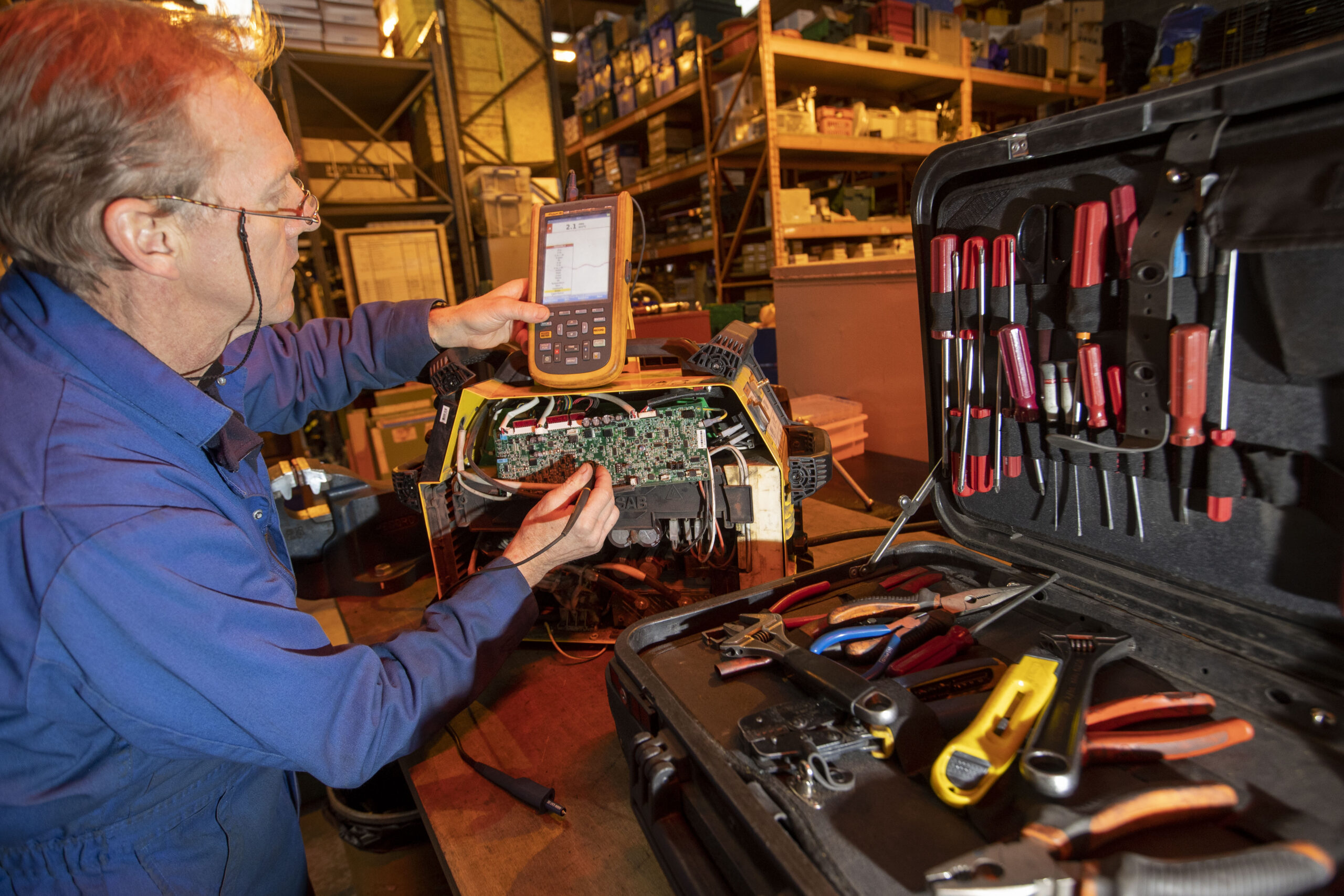 Weldsafe engineer testing a welding machine with an oscilloscope