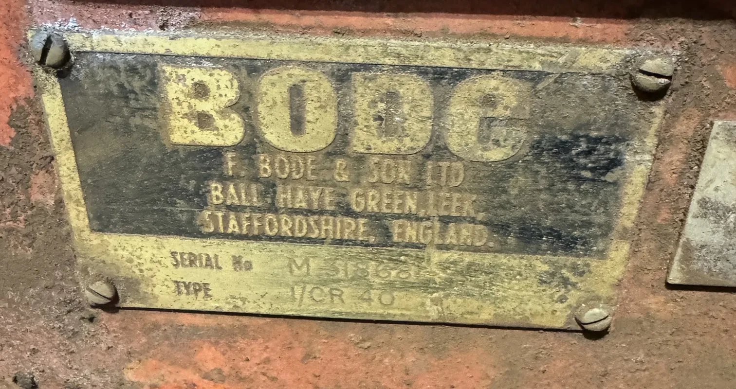 Bode rating plate, F. Bode & Son Ltd Leek, Type I/CR 40