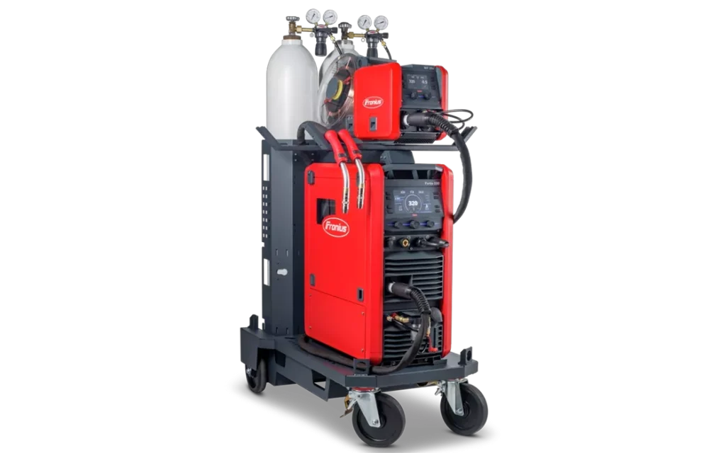 Fronius Fortis 320 Duo with two torches, an external wirefeeder and two gas cylinders on a trolley