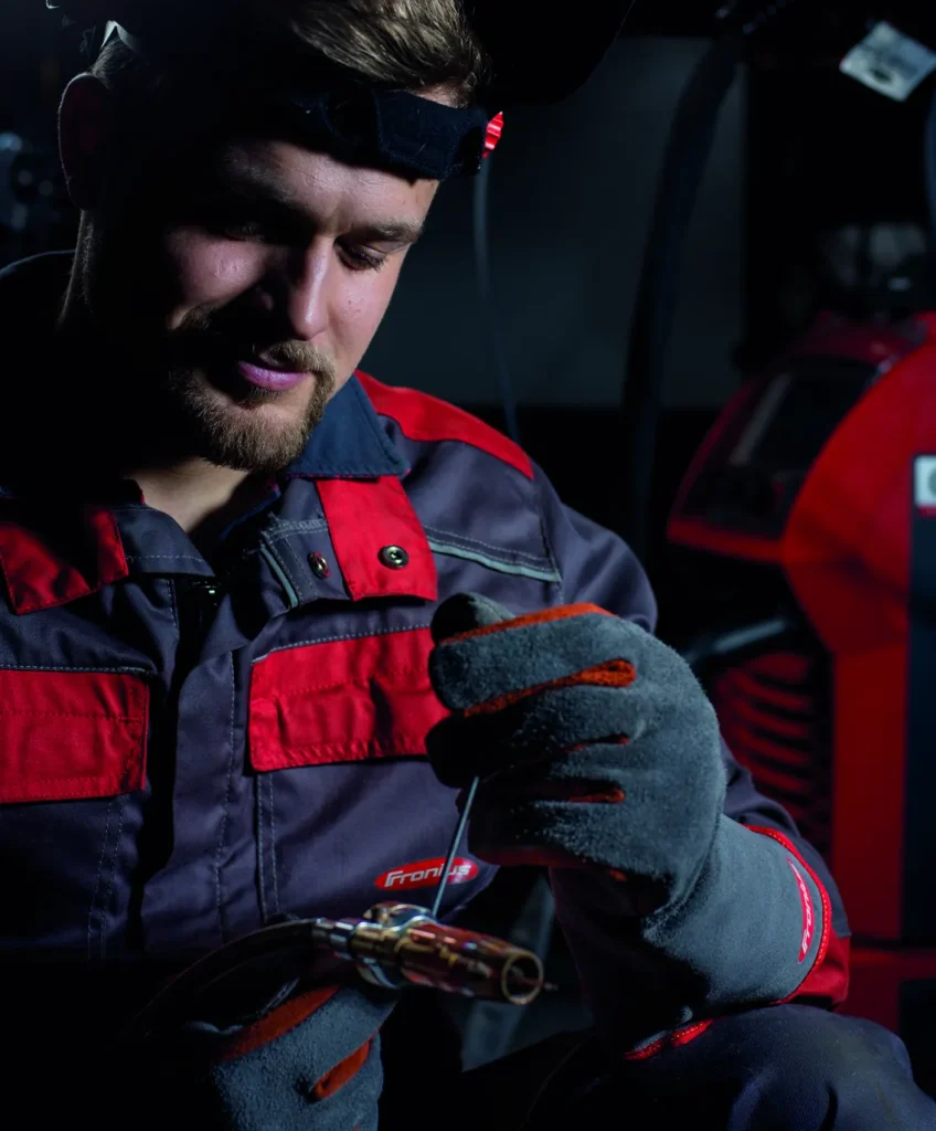 A welder fitting the Velo wire to the torch adaptor